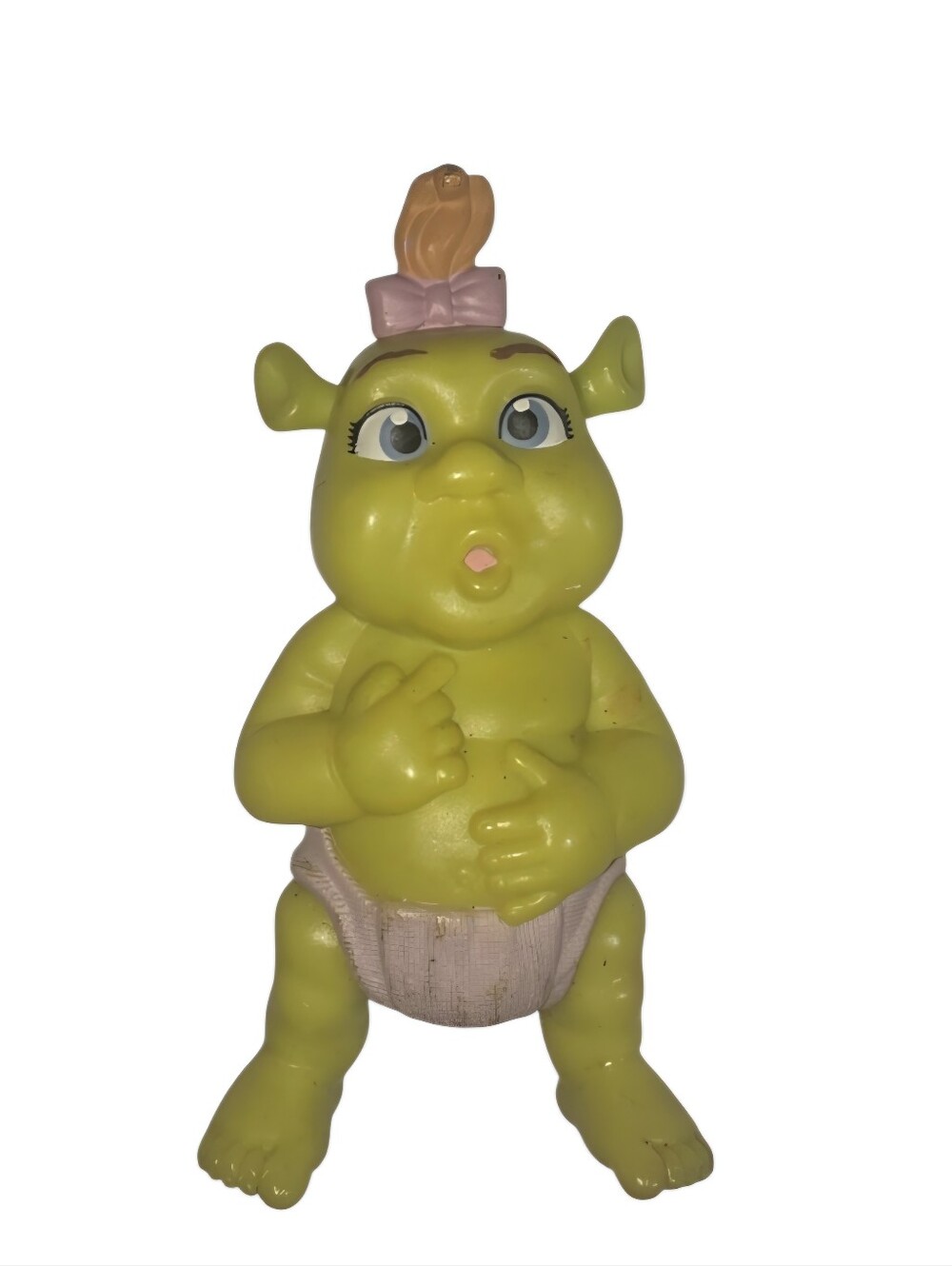 Green Baby Shrek-Inspired Figurine with Pink Bow
